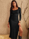 Slit Square Neck Wrap Dress - Trendsi - Flyclothing LLC