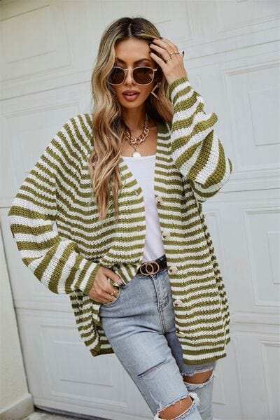 Striped Button Up Long Sleeve Cardigan - Trendsi - Flyclothing LLC