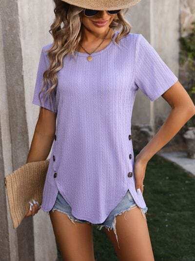 Decorative Button Round Neck Short Sleeve Blouse - Trendsi - Flyclothing LLC