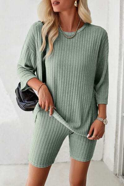 Ribbed Round Neck Top and Shorts Set - Trendsi - Flyclothing LLC