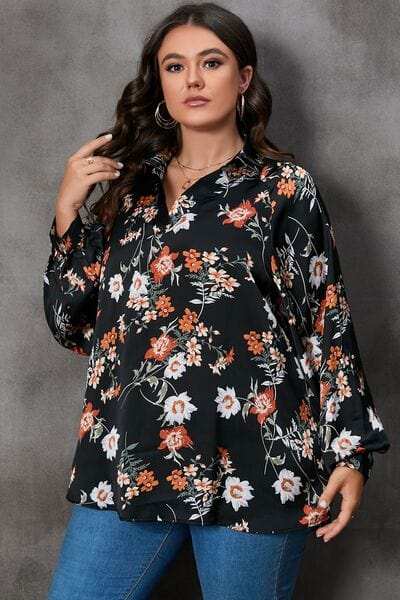 Plus Size Printed Johnny Collar Long Sleeve Blouse - Trendsi - Flyclothing LLC