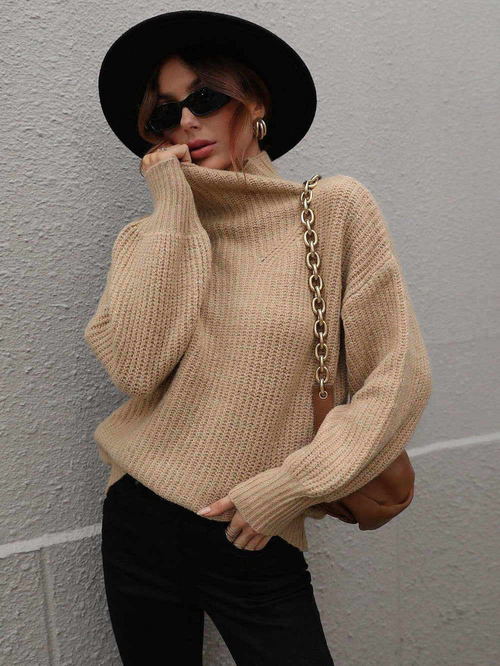 High Neck Balloon Sleeve Rib-Knit Pullover Sweater - Trendsi - Flyclothing LLC