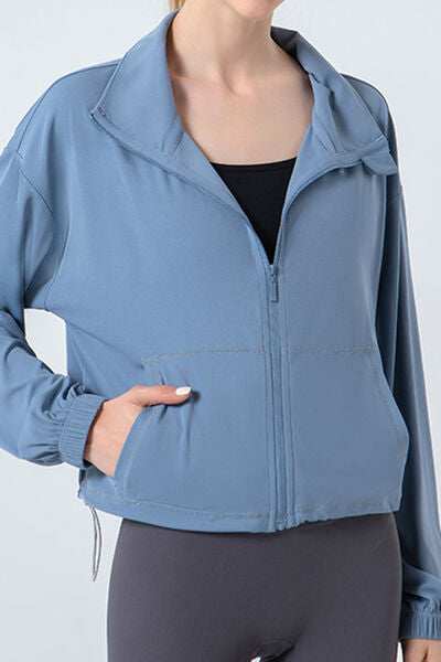 Drawstring Zip Up Dropped Shoulder Active Outerwear - Trendsi - Flyclothing LLC