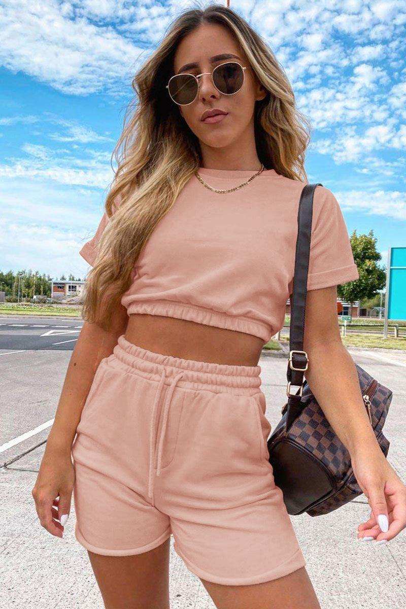 Short Sleeve Cropped Top and Drawstring Shorts Lounge Set - Trendsi - Flyclothing LLC