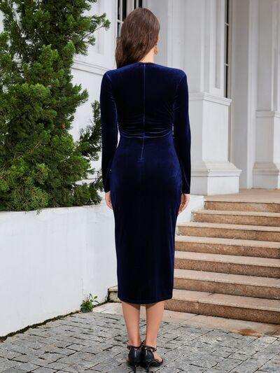 Ruched Slit Surplice Wrap Dress - Trendsi - Flyclothing LLC