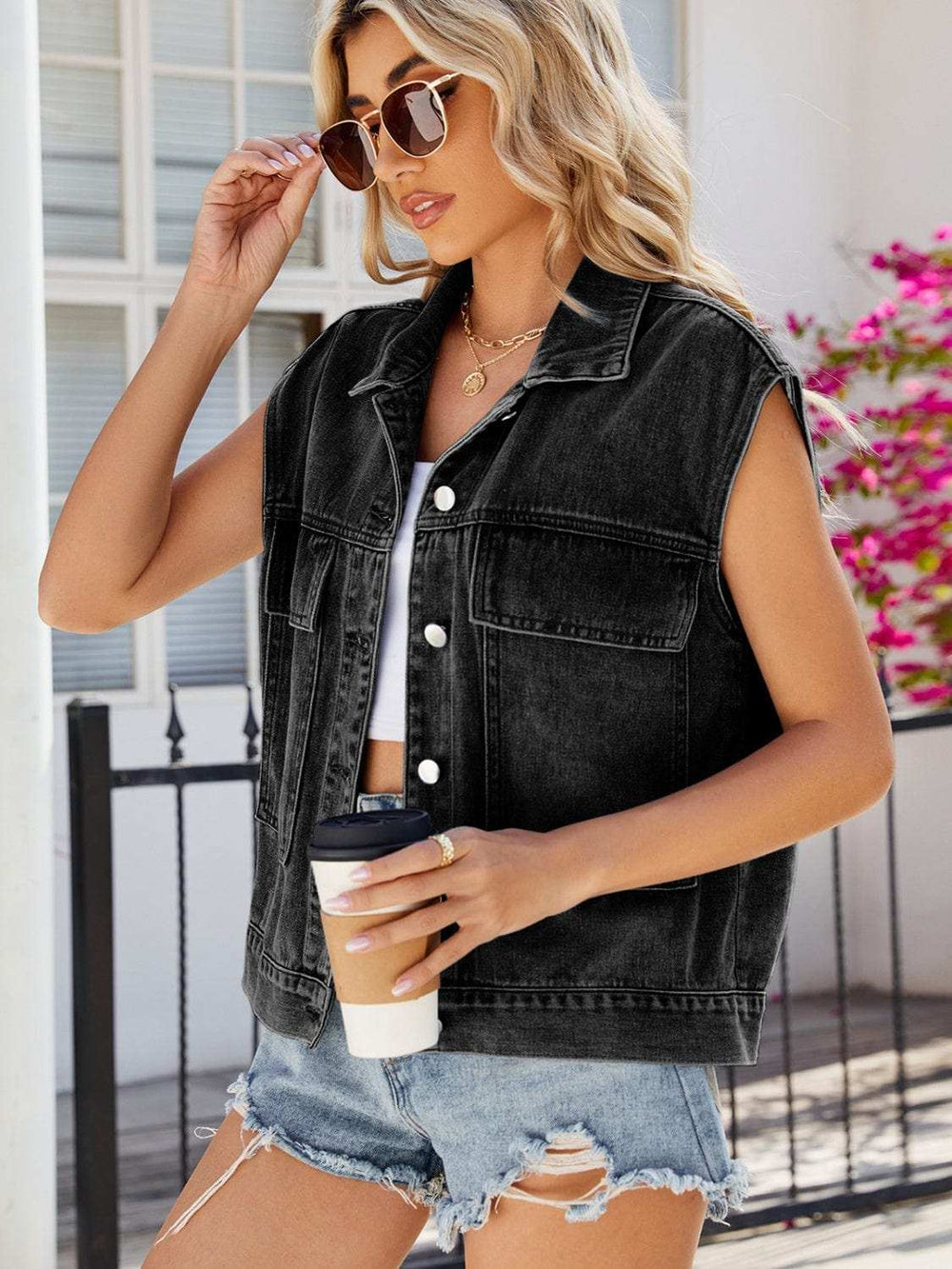 Pocketed Button Up Sleeveless Denim Jacket - Trendsi - Flyclothing LLC