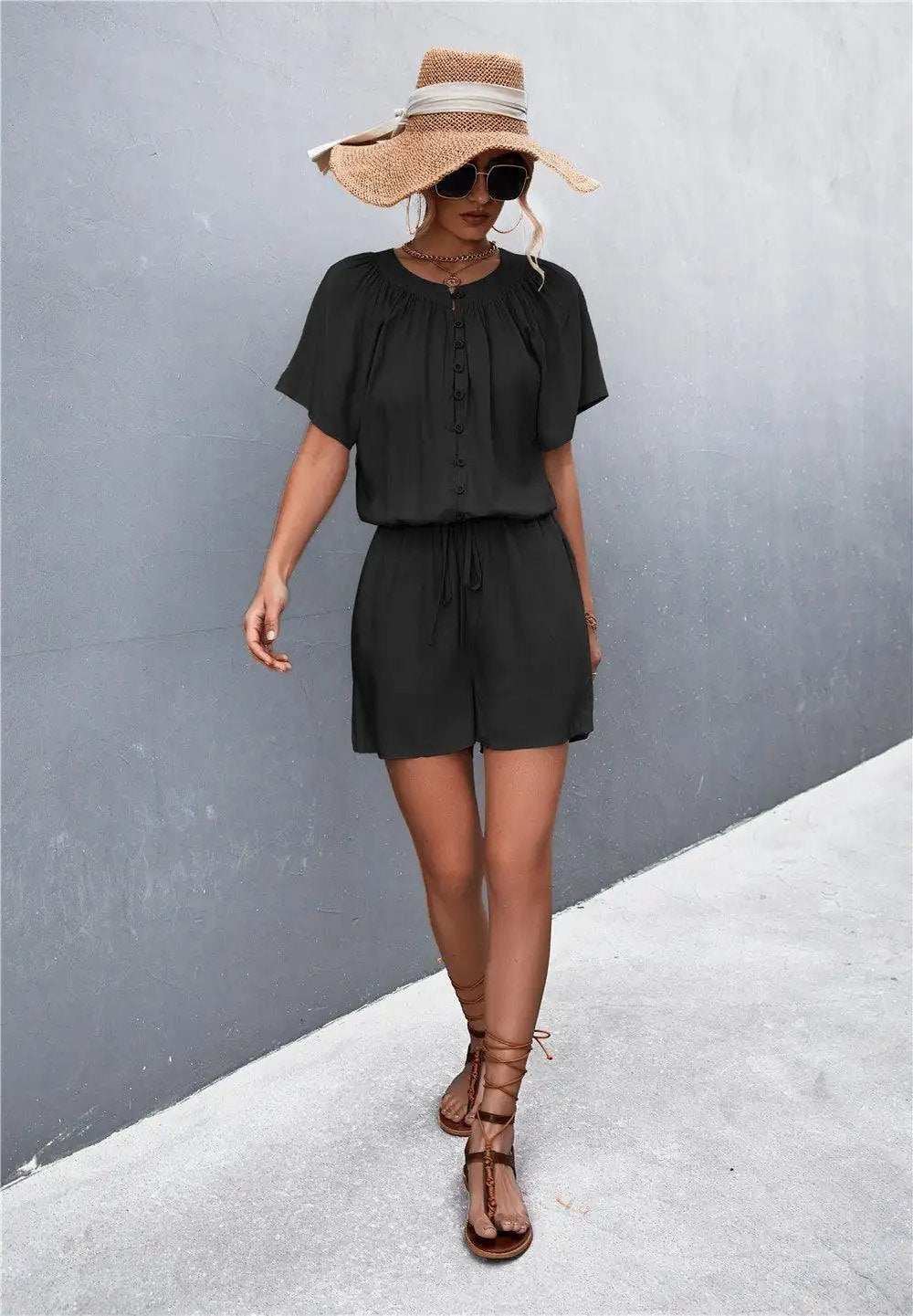 Buttoned Gather Detail Romper - Trendsi - Flyclothing LLC