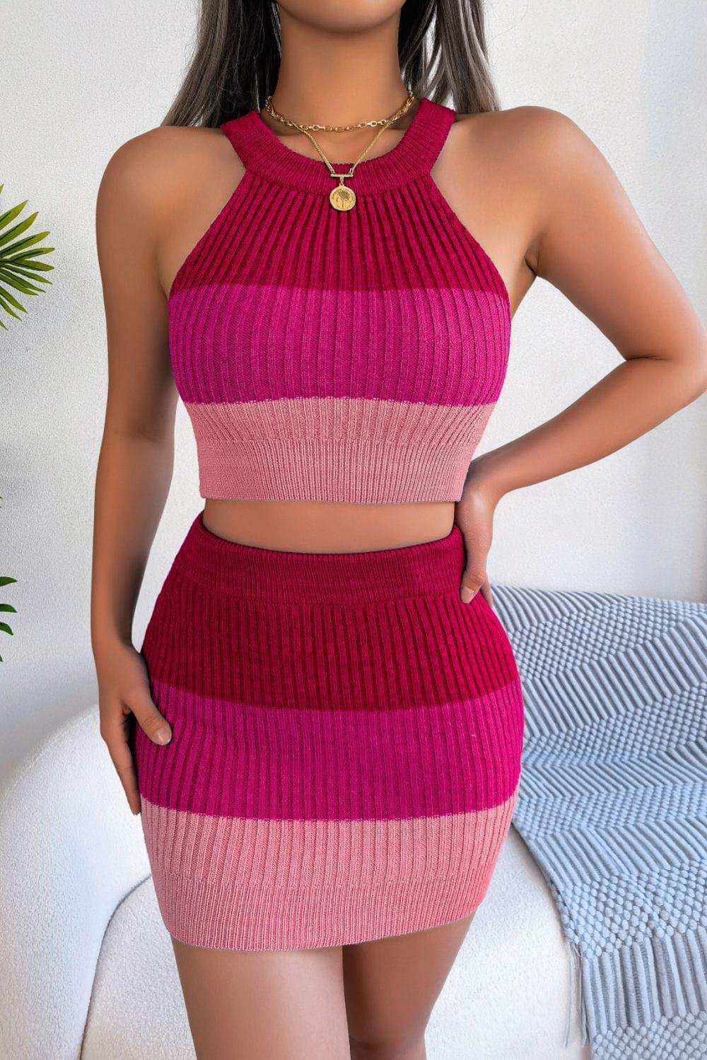 Color Block Sleeveless Crop Knit Top and Skirt Set - Trendsi - Flyclothing LLC