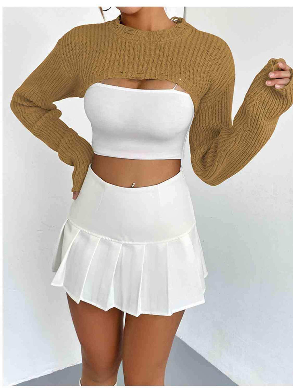 Distressed Long Sleeve Cropped Sweater - Trendsi - Flyclothing LLC