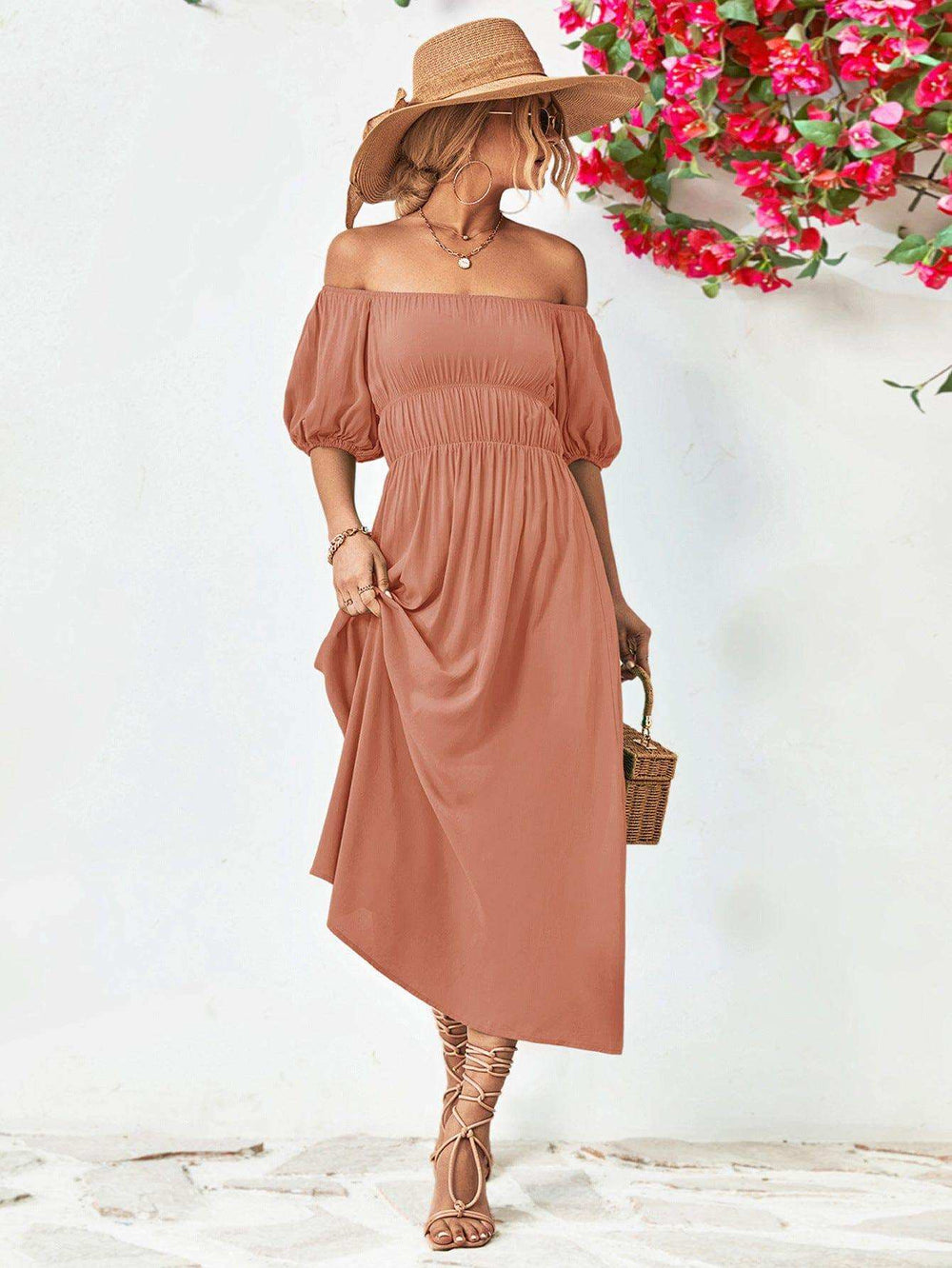 Off-Shoulder Balloon Sleeve Midi Dress - Trendsi - Flyclothing LLC