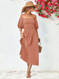 Off-Shoulder Balloon Sleeve Midi Dress - Trendsi - Flyclothing LLC