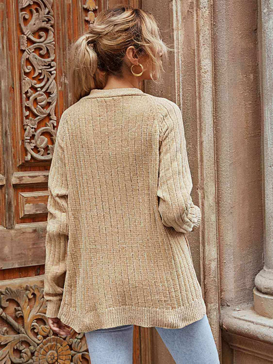 Ribbed Open Front Long Sleeve Cardigan with Pockets - Trendsi - Flyclothing LLC