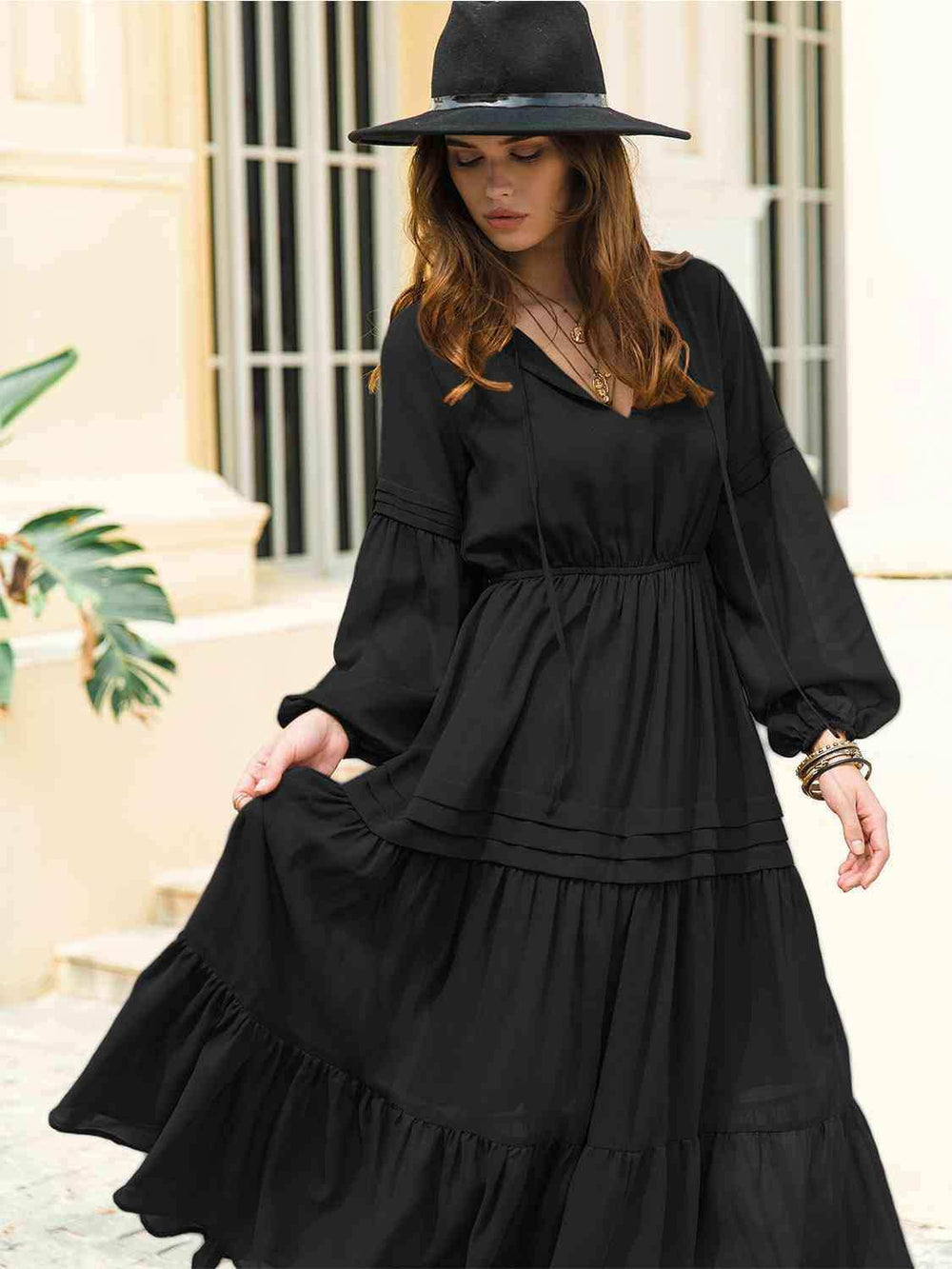 Tie Neck Long Sleeve Midi Tiered Dress - Trendsi - Flyclothing LLC