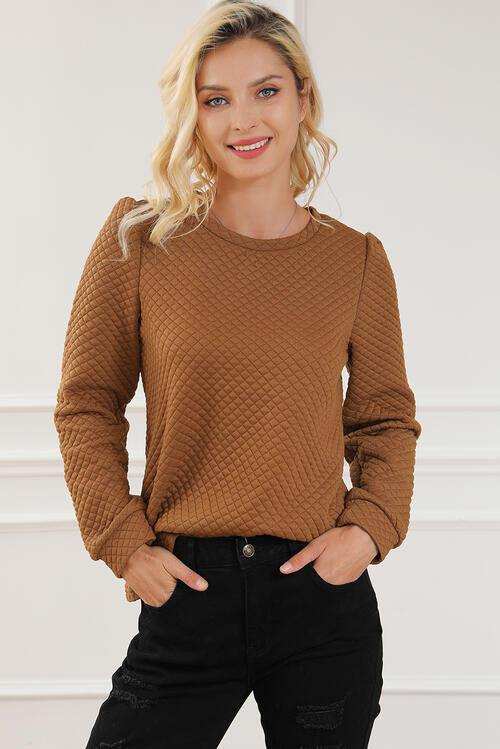 Texture Round Neck Long Sleeve Sweatshirt - Trendsi - Flyclothing LLC