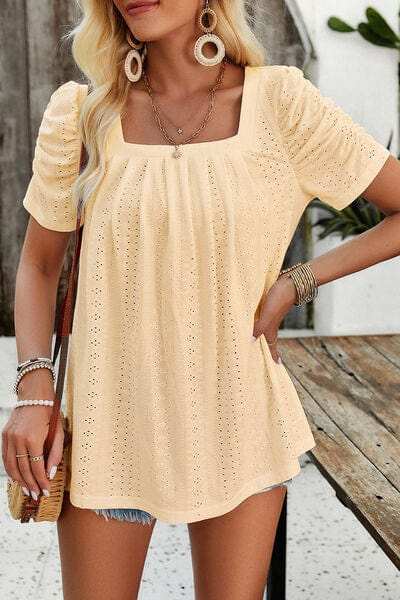 Eyelet Square Neck Puff Sleeve T-Shirt - Trendsi - Flyclothing LLC