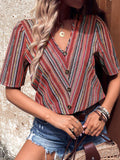 Printed V-Neck Button-Up Short Sleeve Top - Trendsi - Flyclothing LLC