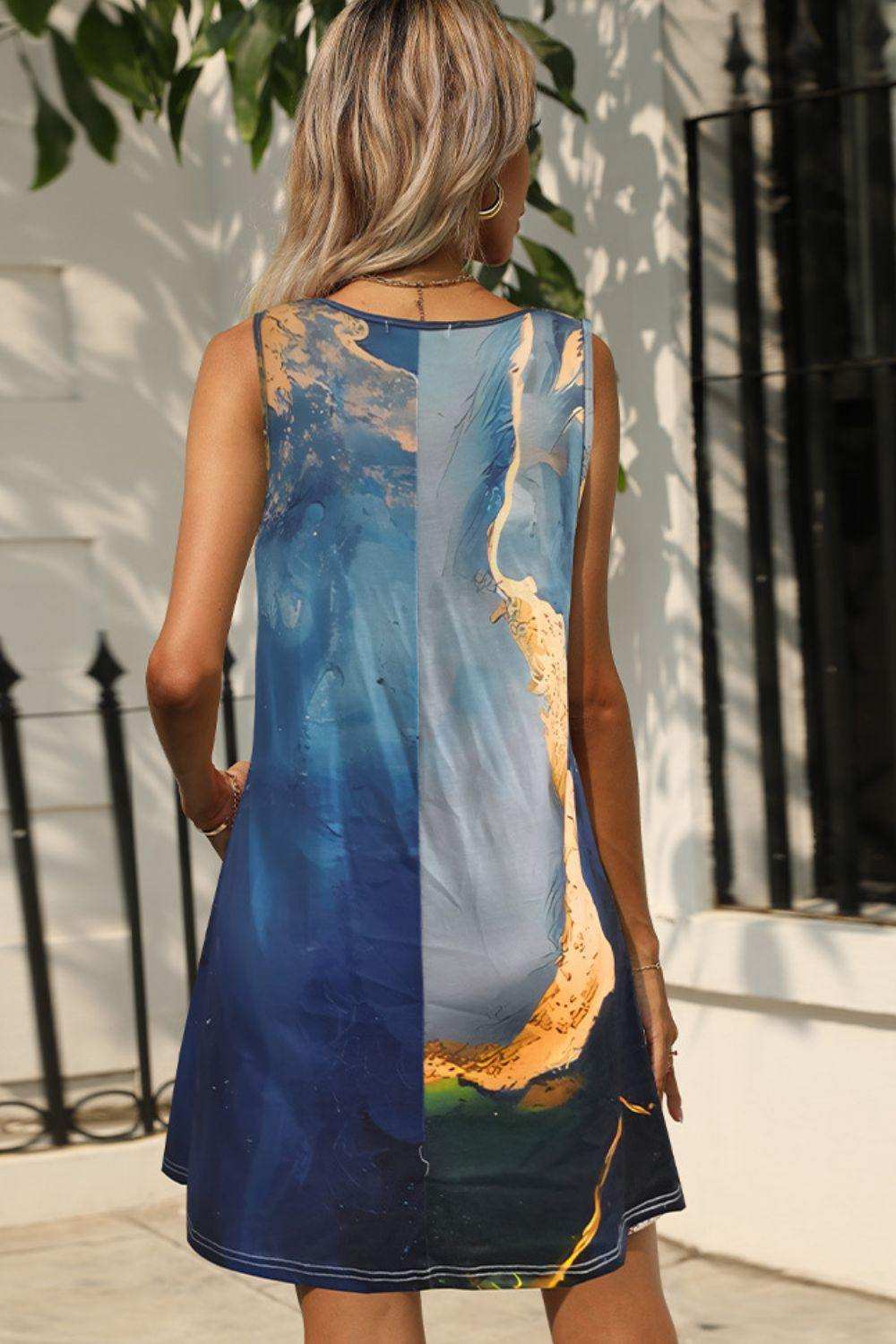 Abstract Print Round Neck Sleeveless Dress with Pockets - Trendsi - Flyclothing LLC