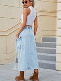 Slit Pocketed High Waist Denim Skirt - Trendsi - Flyclothing LLC