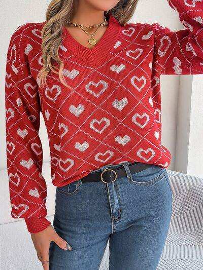 Heart Pattern V-Neck Long Sleeve Sweater - Trendsi - Flyclothing LLC