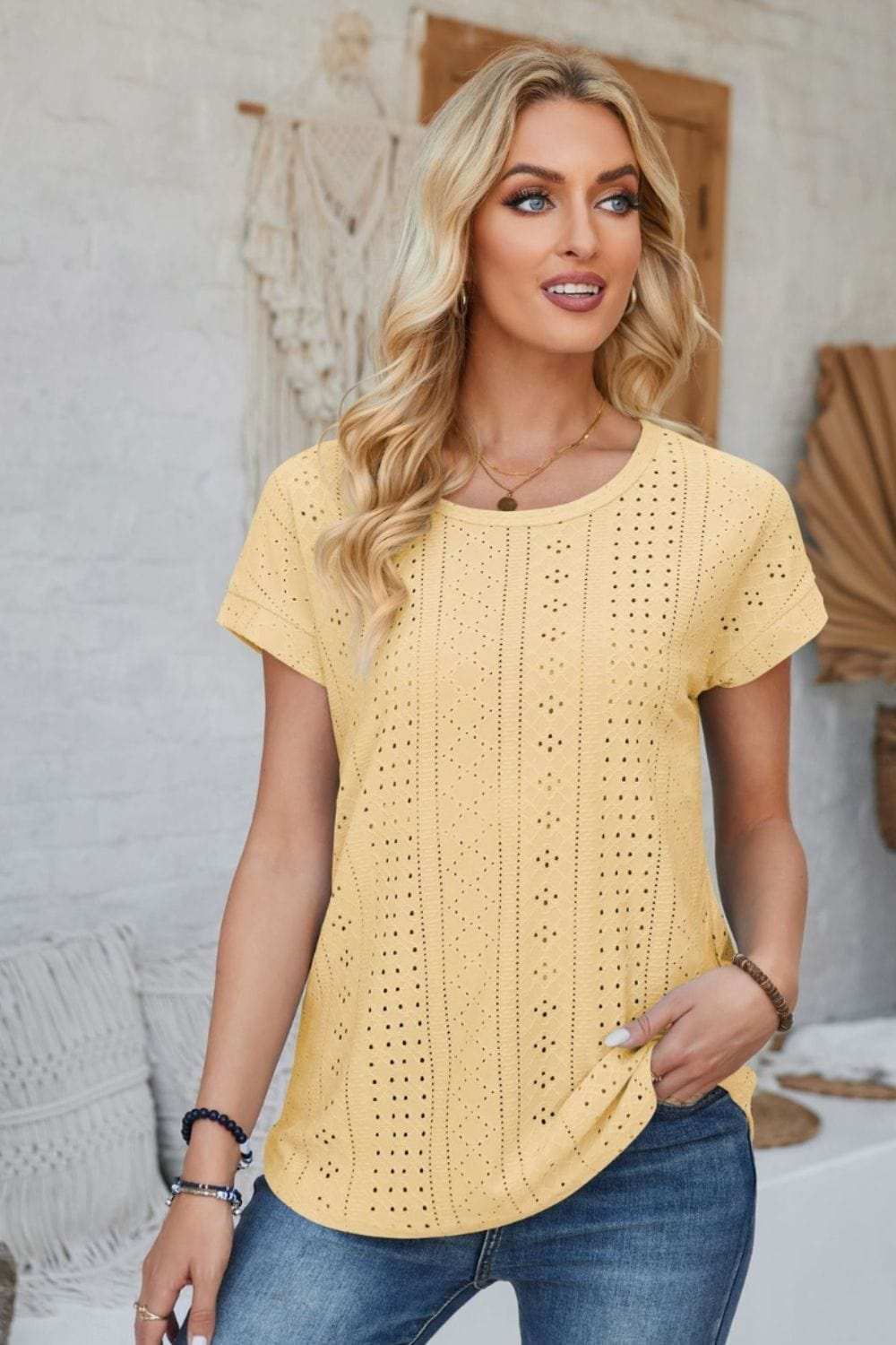 Eyelet Round Neck Rolled Short Sleeve T-Shirt - Trendsi - Flyclothing LLC