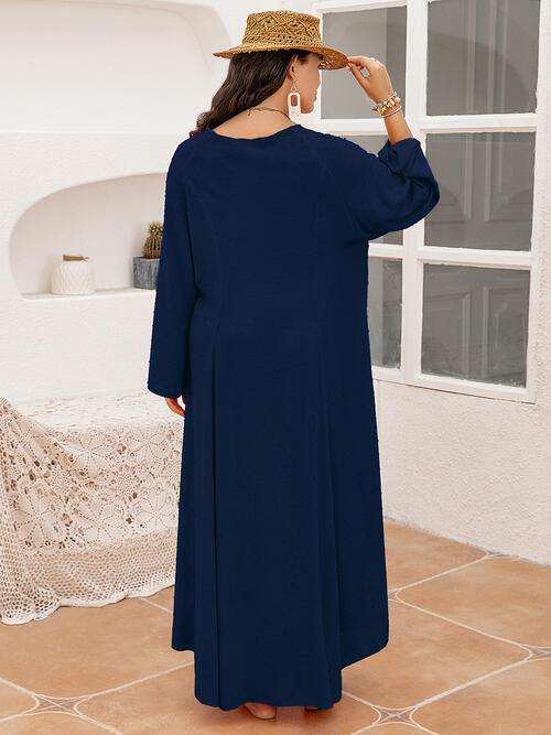 Plus Size Tie Neck Long Sleeve Slit Dress - Trendsi - Flyclothing LLC