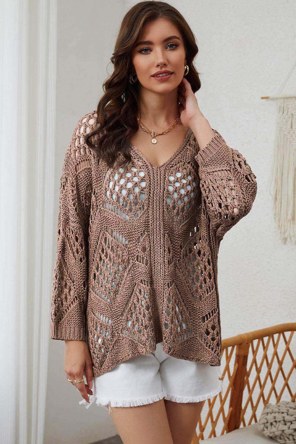 Openwork V-Neck Sweater - Trendsi - Flyclothing LLC