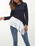 Tiered Contrast Round Neck Long Sleeve T-Shirt - Trendsi - Flyclothing LLC