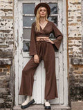 Tied Flare Sleeve Top and Pants Set - Trendsi - Flyclothing LLC