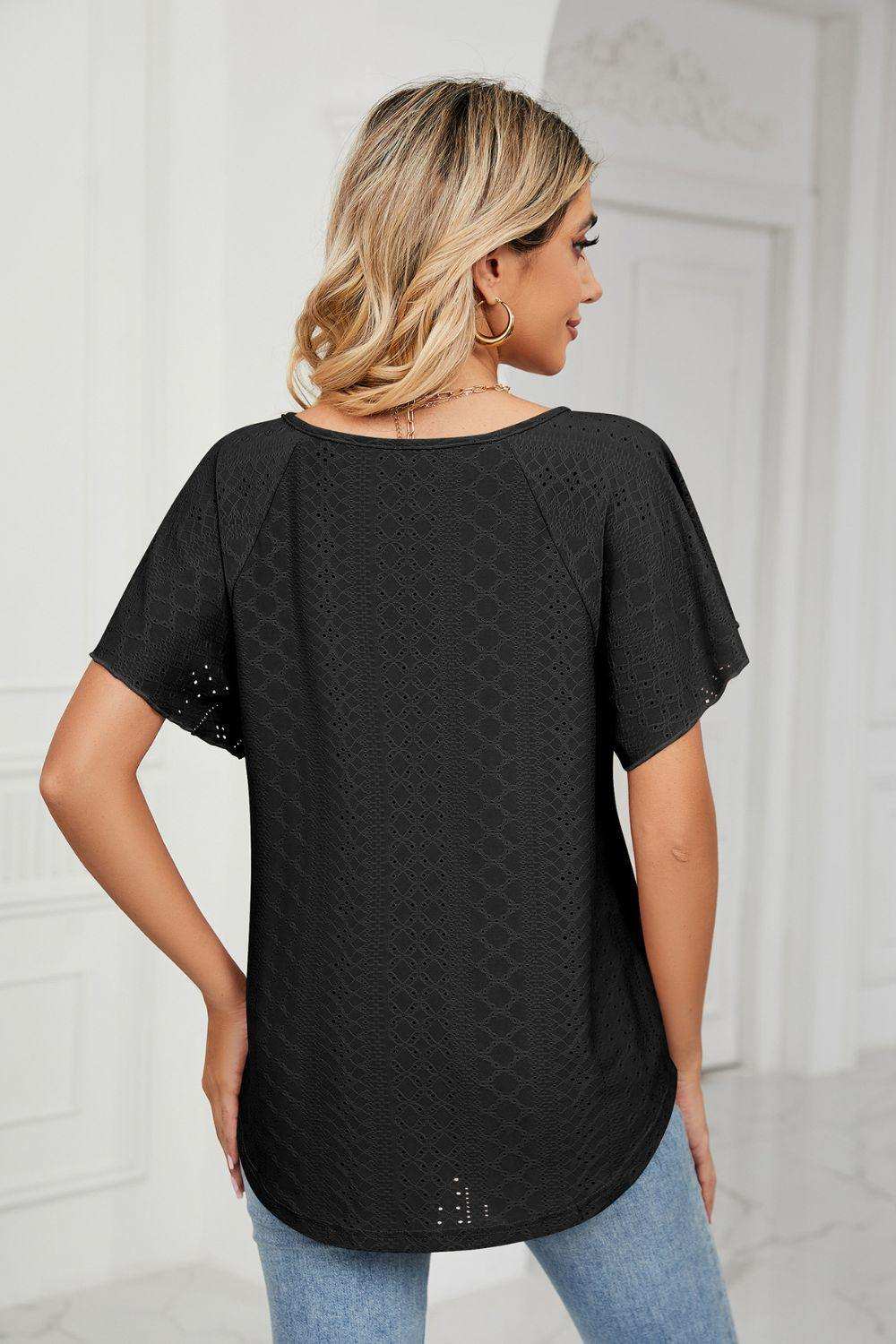 Eyelet Tie-Neck Flutter Sleeve Top - Trendsi - Flyclothing LLC