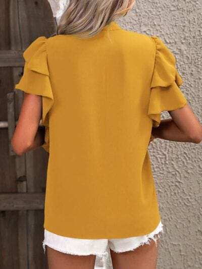 Ruffled Notched Short Sleeve Blouse - Trendsi - Flyclothing LLC