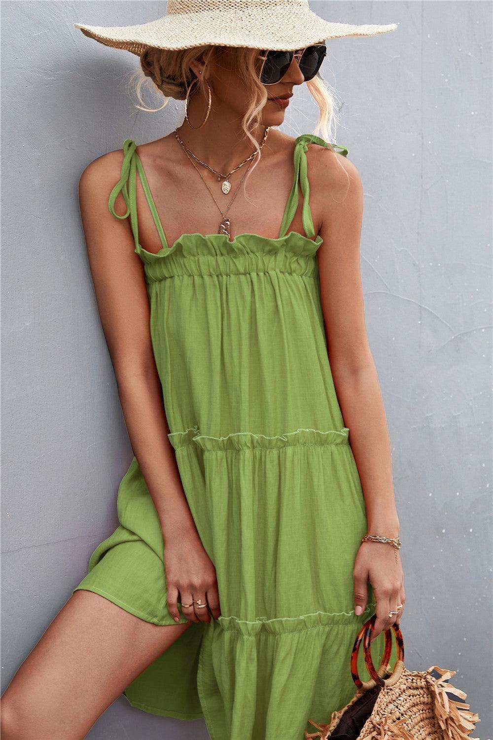 Tie-Shoulder Frill Trim Sleeveless Dress - Trendsi - Flyclothing LLC