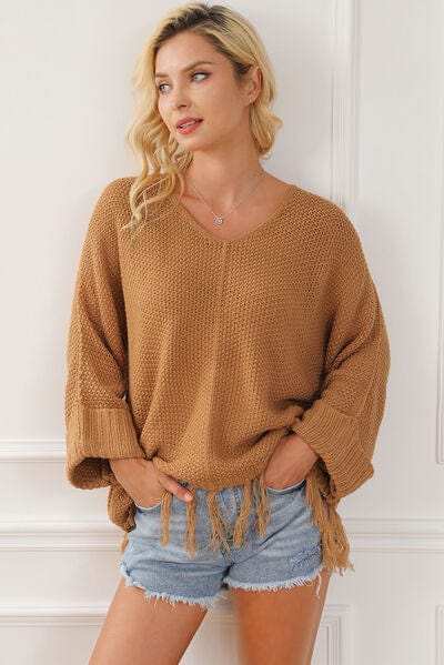 Fringe V-Neck Long Sleeve Sweater - Trendsi - Flyclothing LLC