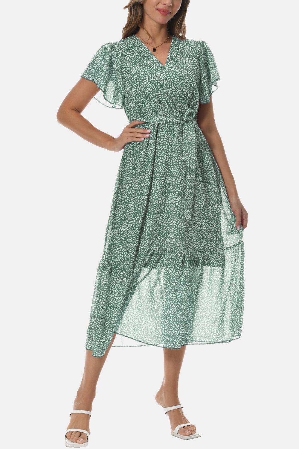 Surplice Neck Flutter Sleeve Tied Dress - Trendsi - Flyclothing LLC