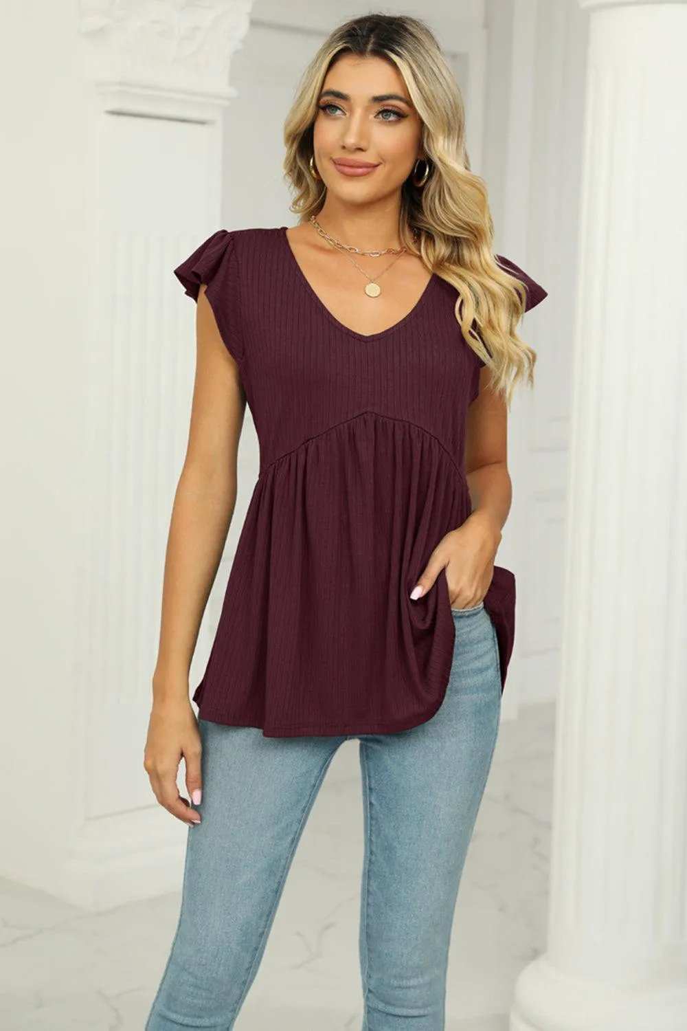 V-Neck Flutter Sleeve Babydoll Blouse - Trendsi - Flyclothing LLC