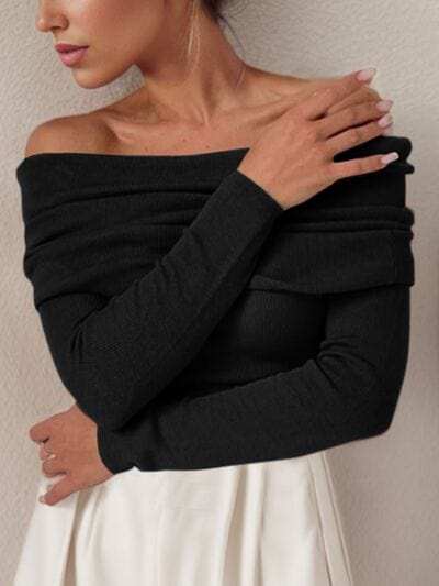 Off-Shoulder Long Sleeve Sweater - Trendsi - Flyclothing LLC
