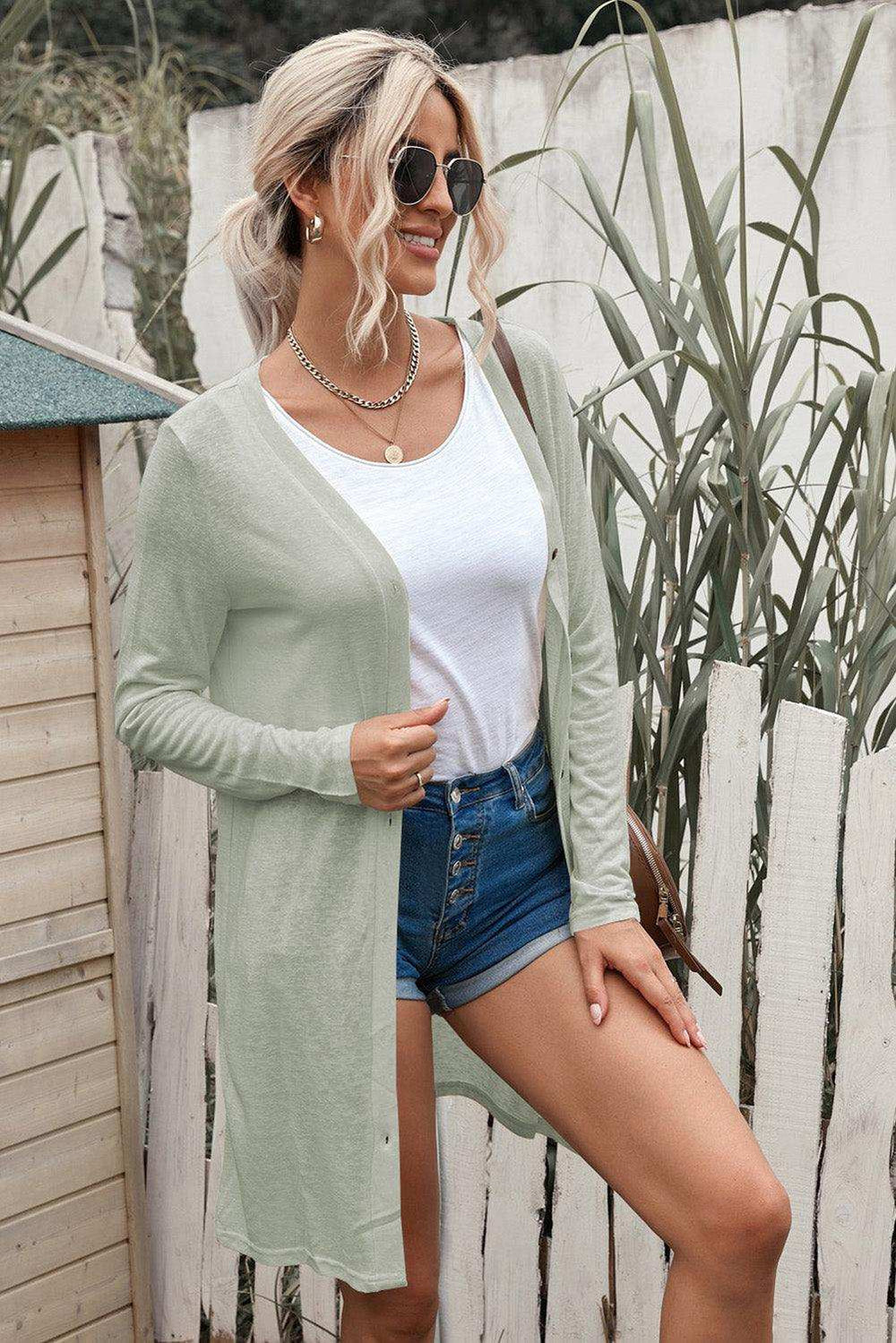 Button Down Long Sleeve Longline Cardigan - Trendsi - Flyclothing LLC