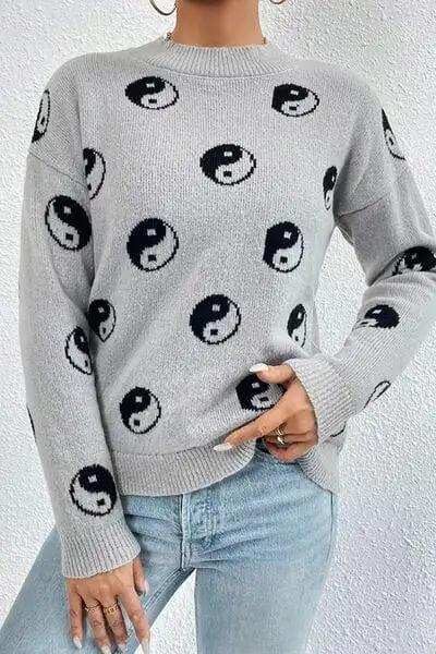 Graphic Mock Neck Dropped Shoulder Sweater - Trendsi - Flyclothing LLC