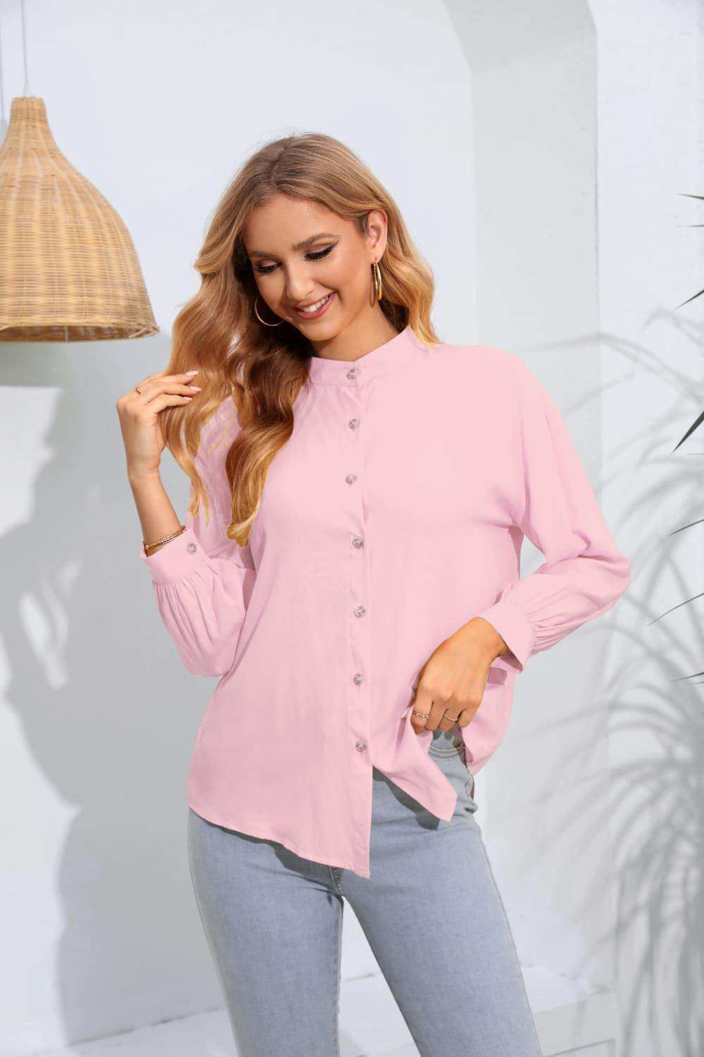 Mock Neck Buttoned Long Sleeve Shirt - Trendsi - Flyclothing LLC
