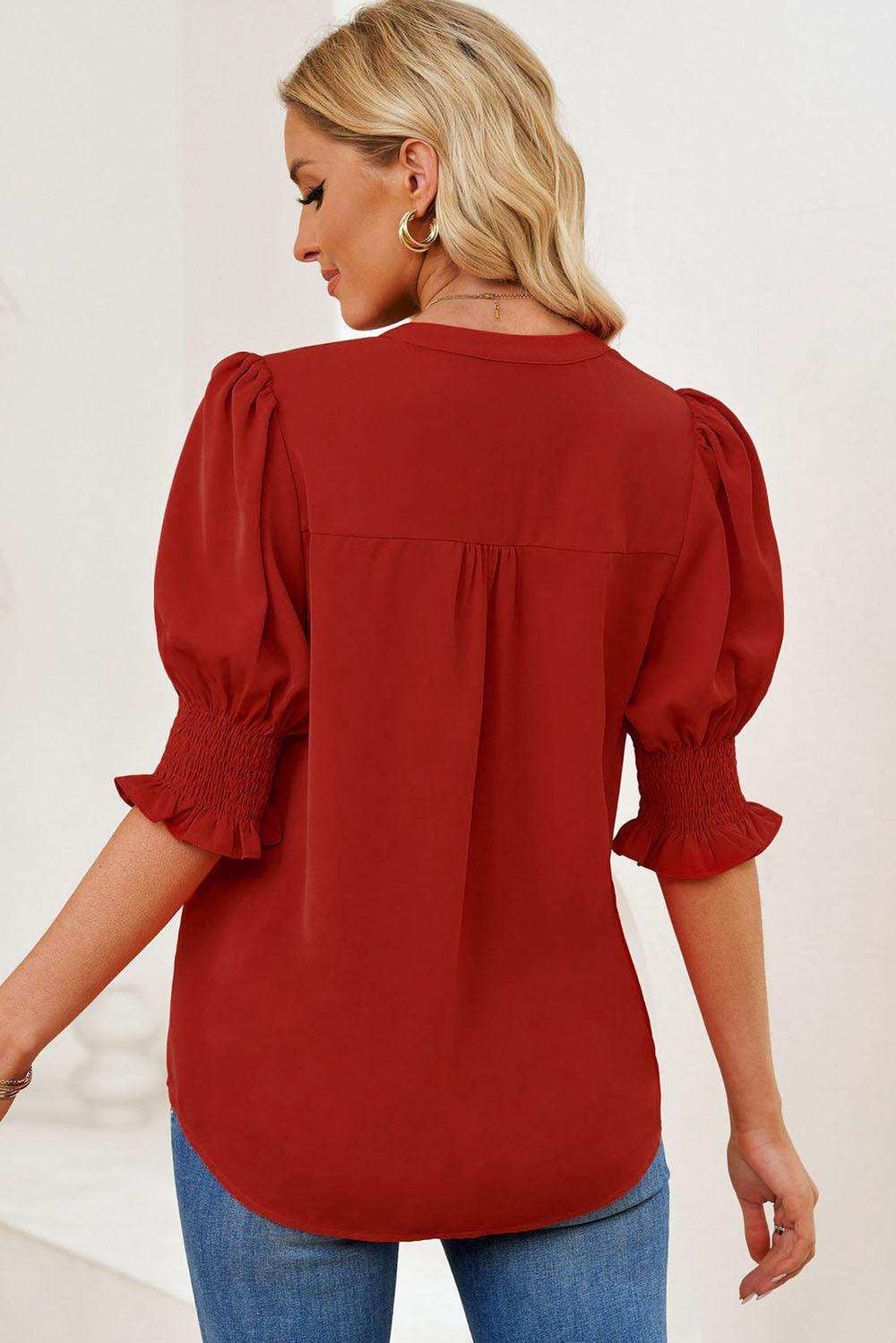 Smocked Flounce Sleeve Notched Neck Blouse - Trendsi - Flyclothing LLC