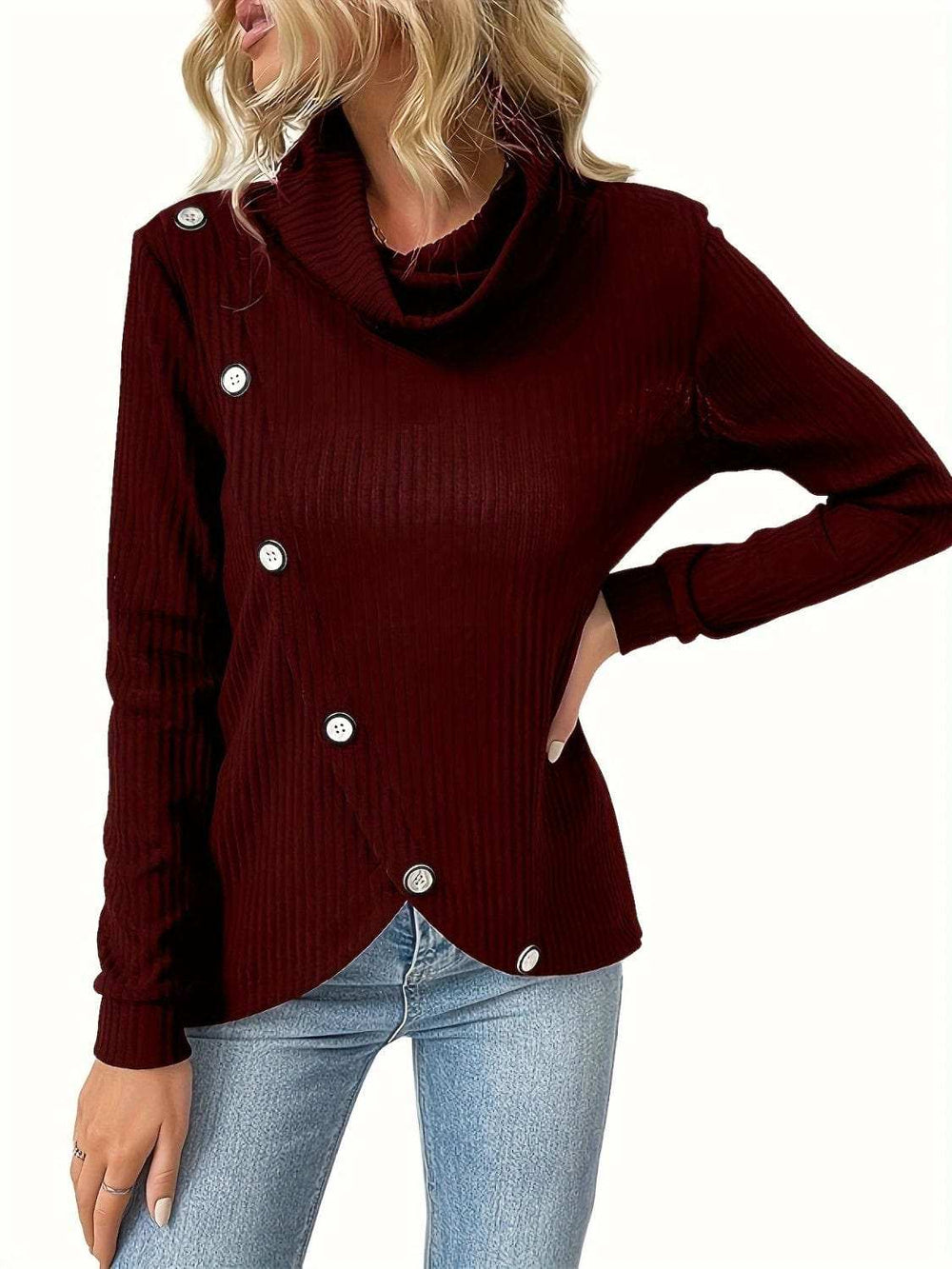 Decorative Button Turtleneck Long Sleeve T-Shirt - Trendsi - Flyclothing LLC
