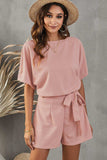 Tie Belt Short Sleeve Romper - Trendsi - Flyclothing LLC