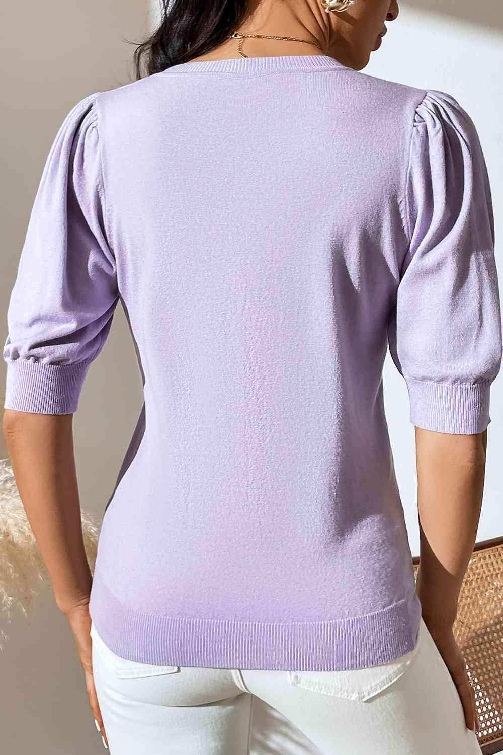 Round Neck Puff Sleeve Knit Top - Trendsi - Flyclothing LLC