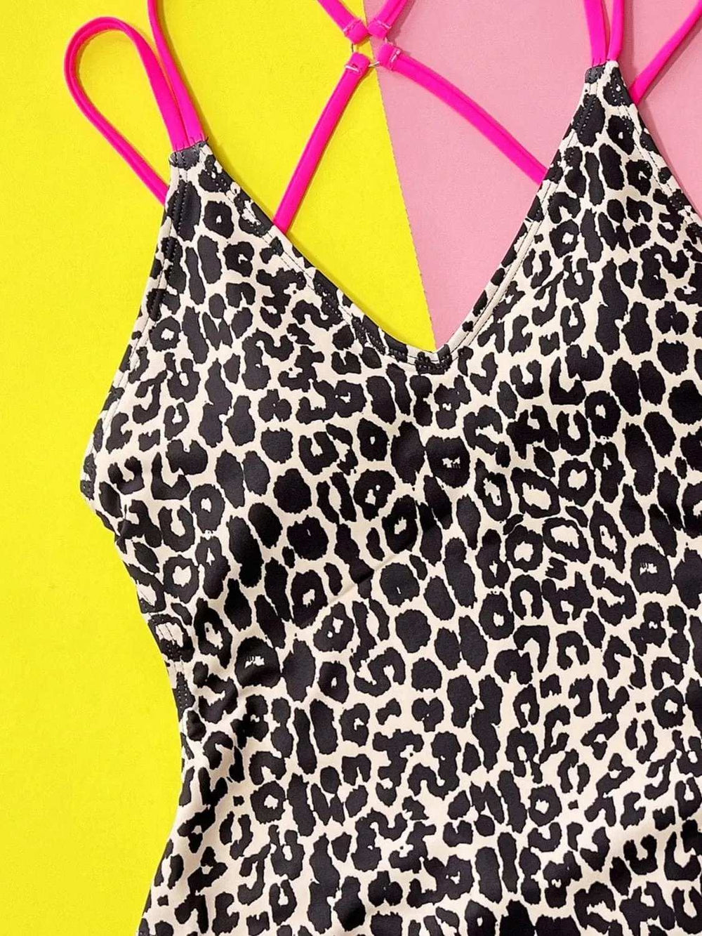 Leopard Plunge Spaghetti Strap One-Piece Swimwear - Trendsi - Flyclothing LLC