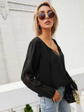 Tie Neck Long Sleeve Semi-Sheer Blouse - Trendsi - Flyclothing LLC