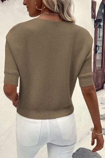 Round Neck Half Sleeve Knit Top - Trendsi - Flyclothing LLC