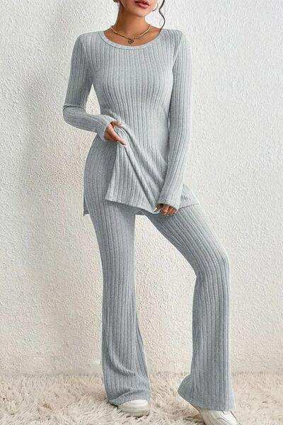 Ribbed Long Sleeve Slit Top and Bootcut Pants Set - Trendsi - Flyclothing LLC