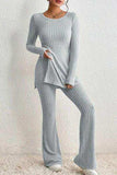 Ribbed Long Sleeve Slit Top and Bootcut Pants Set - Trendsi - Flyclothing LLC
