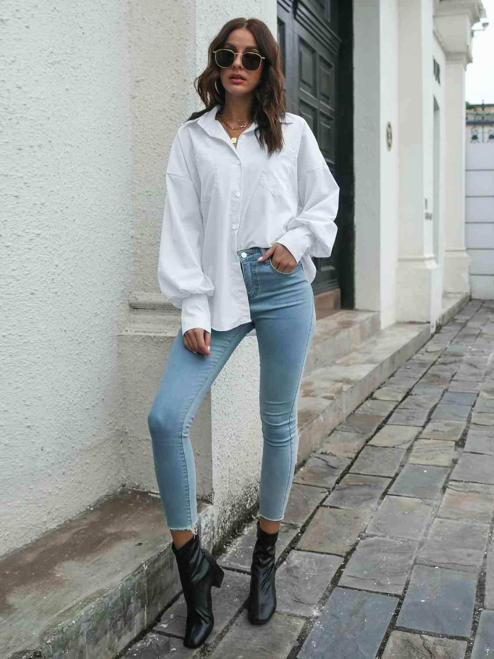 Collared Neck Dropped Shoulder Buttoned Shirt - Trendsi - Flyclothing LLC