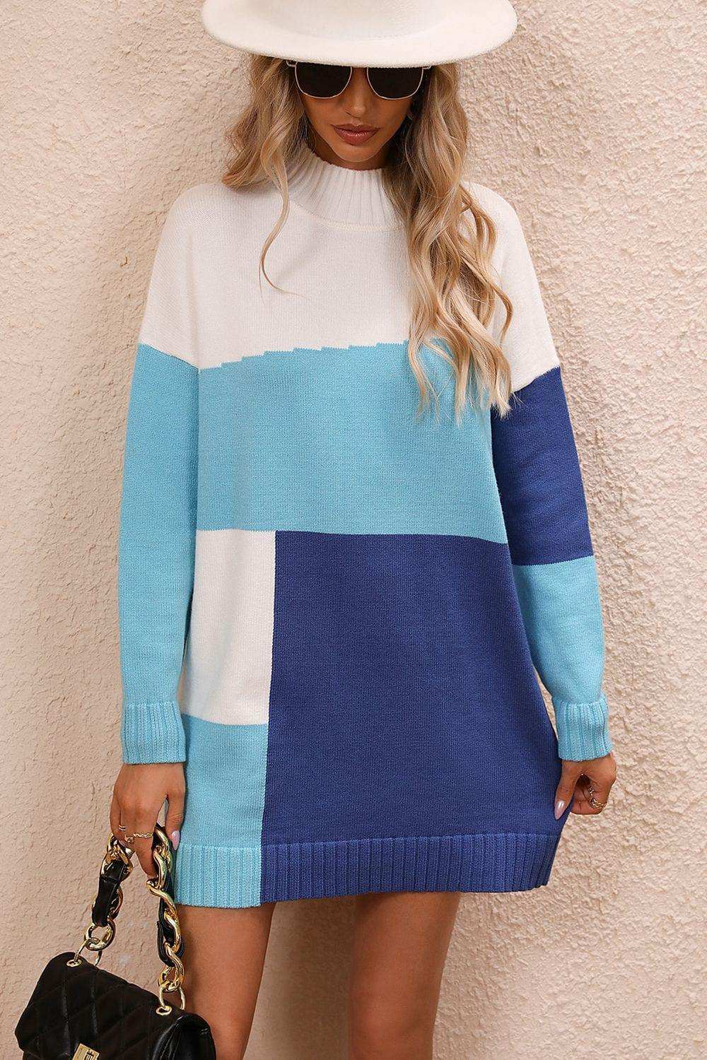 Color Block Mock Neck Dropped Shoulder Sweater Dress - Trendsi - Flyclothing LLC