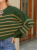 Round Neck Striped Lantern Sleeve Sweater - Trendsi - Flyclothing LLC